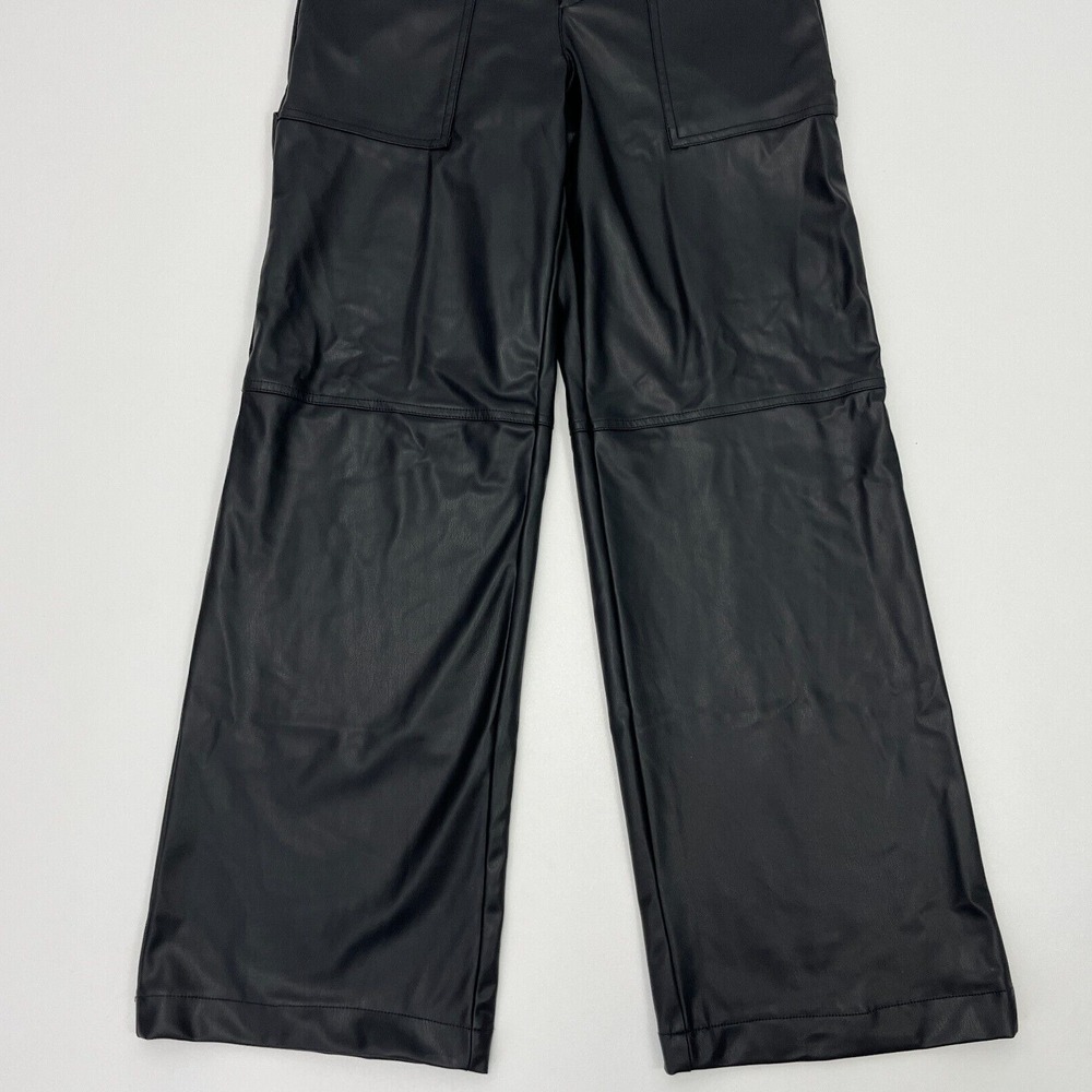 ZARA Black Carpenter Cargo Faux Leather Pants Vegan Straight Leg Size Small - Picture 3 of 15